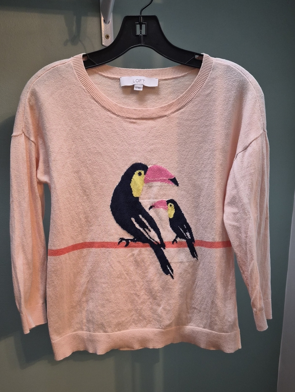 LOFT Light Pink Toucan Knit Sweater with Navy & Yellow Motif
